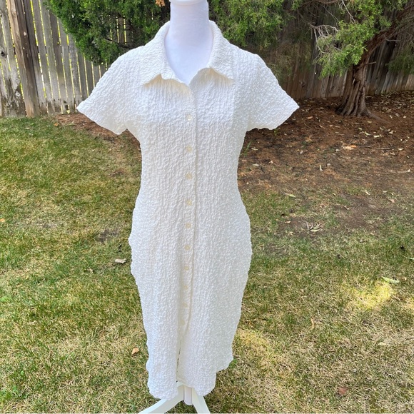 Anthropologie Women Collared Textured Midi Shirt Dress White SZ Small Short Slve - Picture 3 of 13